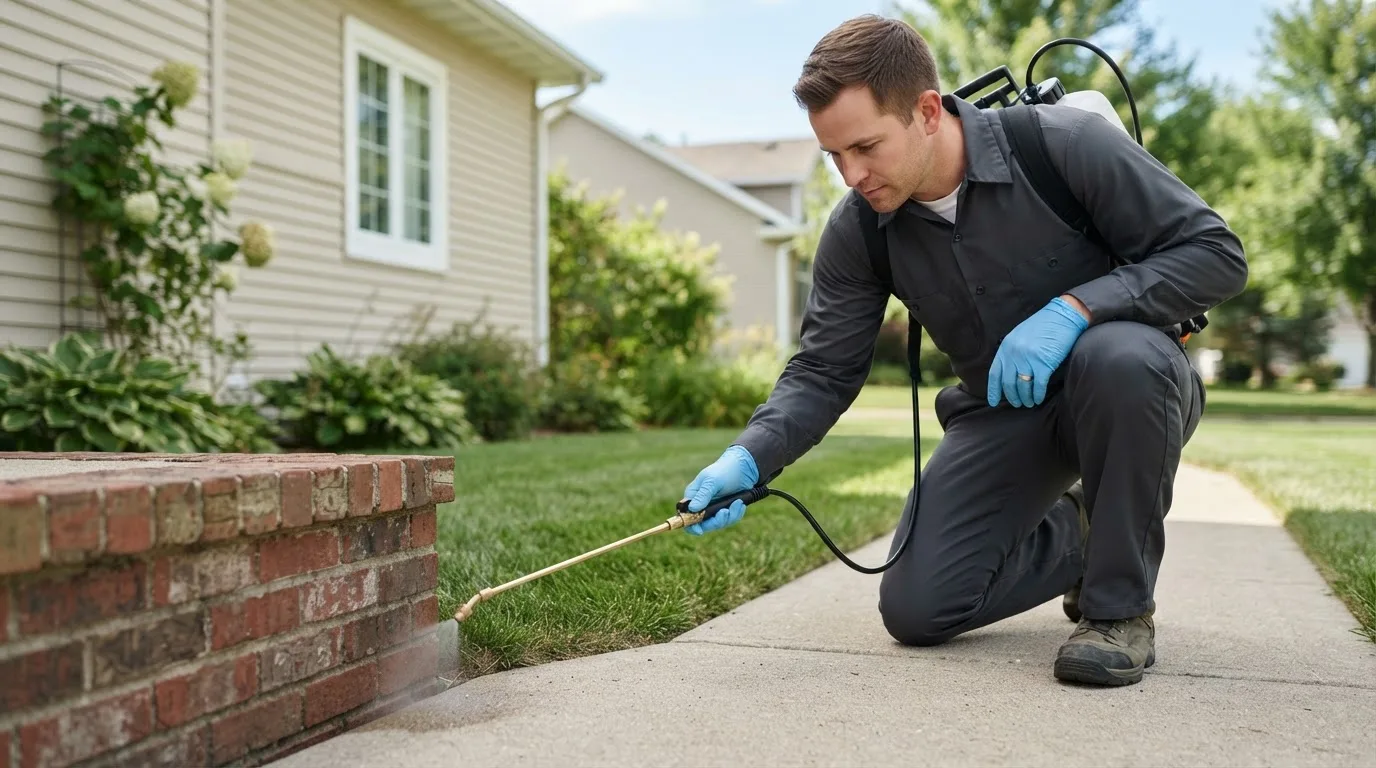 Pest control technician treating a home near Reedsville, OH