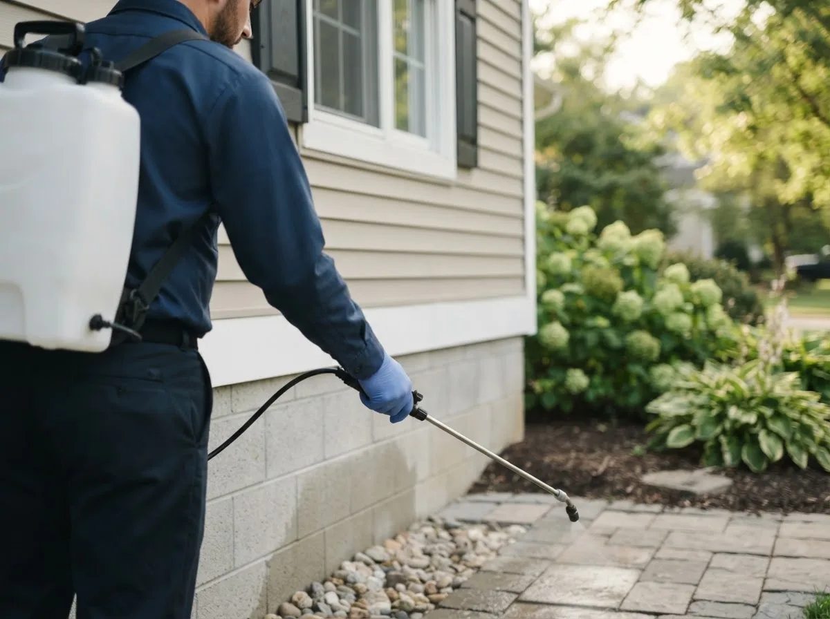 Pest control technician inspecting a home in Reedsville, OH